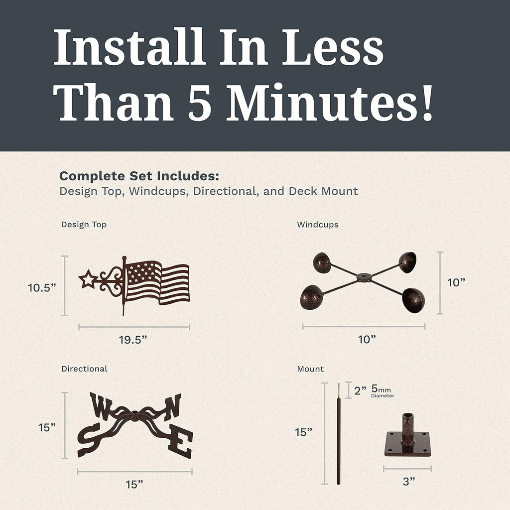 EZ Vane Steel USA Flag Weathervane 21” Height, Includes Metal Deck Mount, Wind Cups & Brackets | Hand-Crafted and Family-Owned, Made in The USA with Triple Powder Coating, Limited