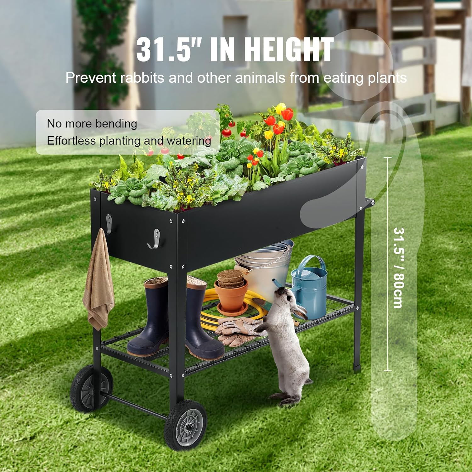 VEVOR Raised Planter Box with Legs and Wheels, Larger Size 43.3x19.5x31.5 Outdoor Elevated Garden Bed On Wheel, Metal Planting Boxes for Growing Flowers/Vegetables/Herbs in Backyard/Garden/Balcony