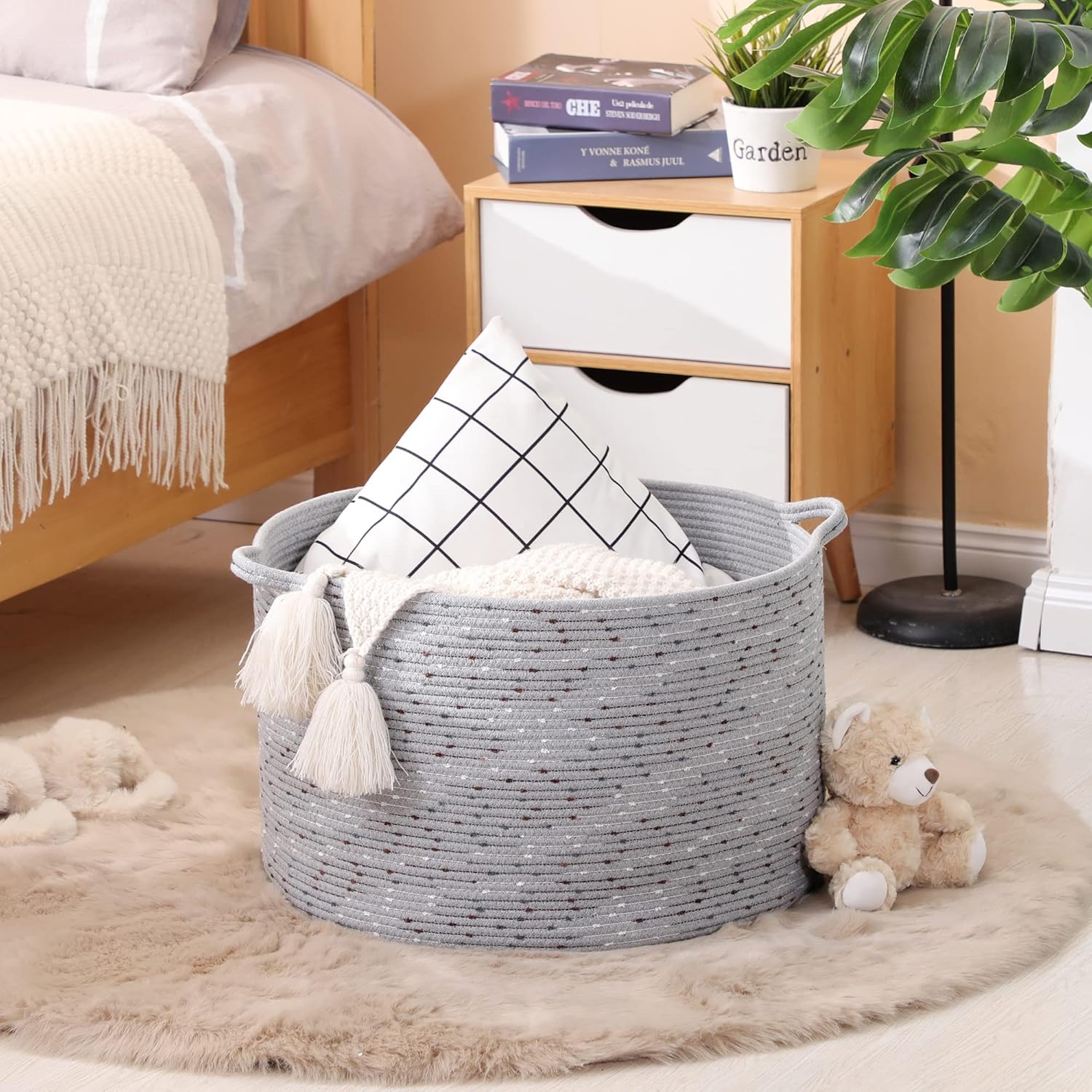 KAKAMAY Large Blanket Basket (20"x13"),Woven Baskets for storage Baby Laundry Hamper, Cotton Rope Blanket Basket for Living Room, Laundry, Nursery, Pillows, Grey with Blue & Brown Dotted