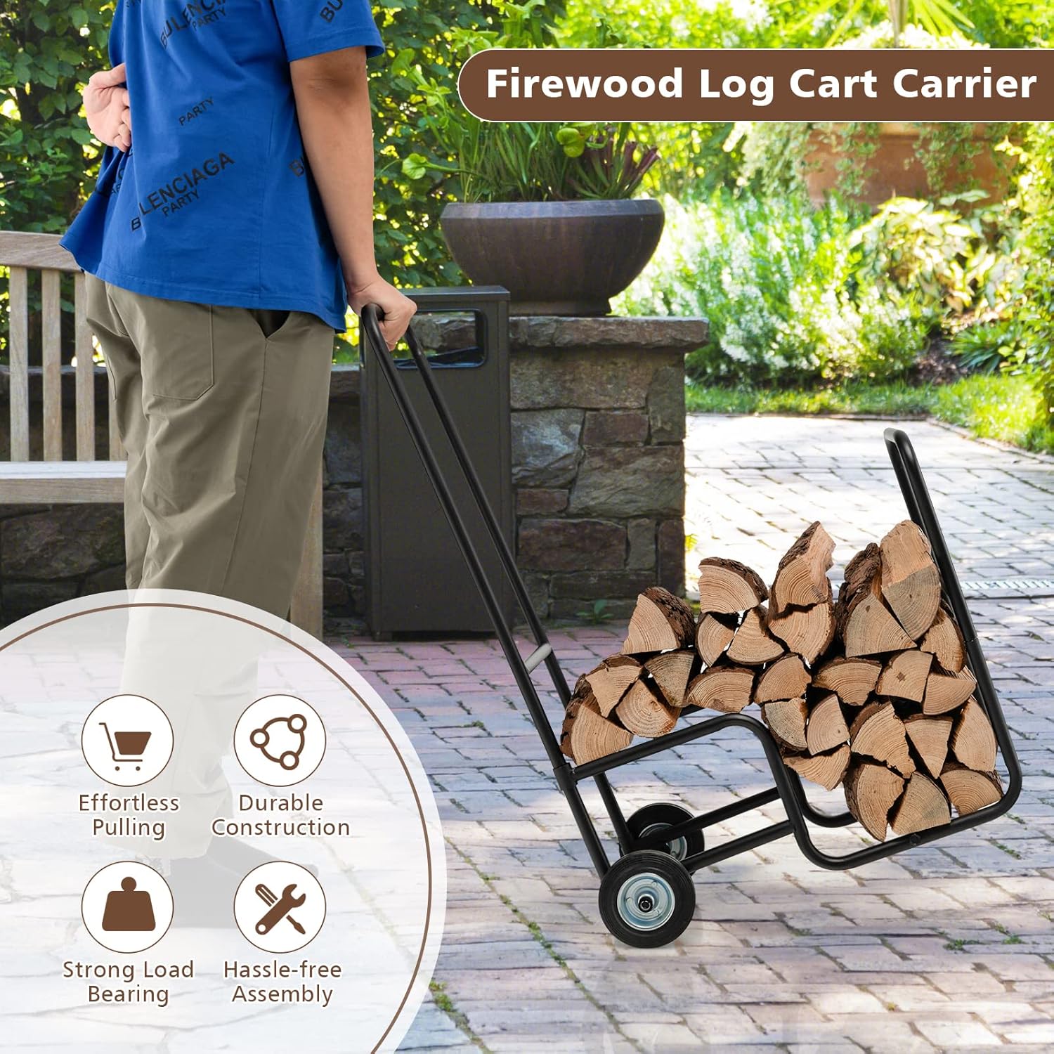 S AFSTAR Firewood Log Cart Carrier, 35” Height Wood Rack Storage Mover w/2 Rubber Wheels & Ergonomic Handle, Heavy-Duty Steel Fireplace Log Carrier Mover, Rolling Firewood Cart for Indoor Outdoor