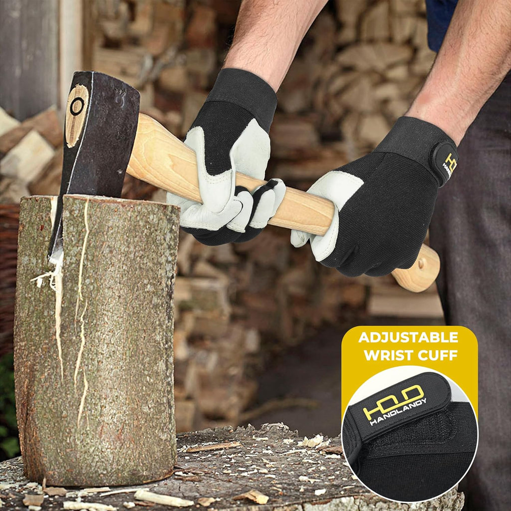 HLDD HANDLANDY Leather Work Gloves for Men & Women, Adjustable Wrist Cowhide Gardening Glove with Reinforced Palm for Driver