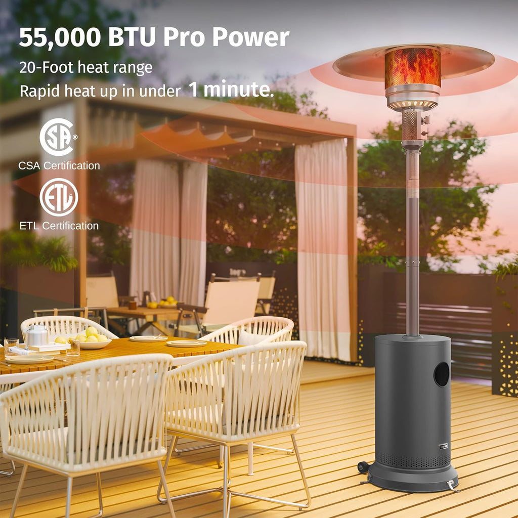EAST OAK 55,000 BTU Propane Patio Heater with Round Table & Stainless Steel Burner, Outdoor Heater with Wheels, Ideal For Large Patios, Gardens, Outdoor Events, Commercial Use, Gray