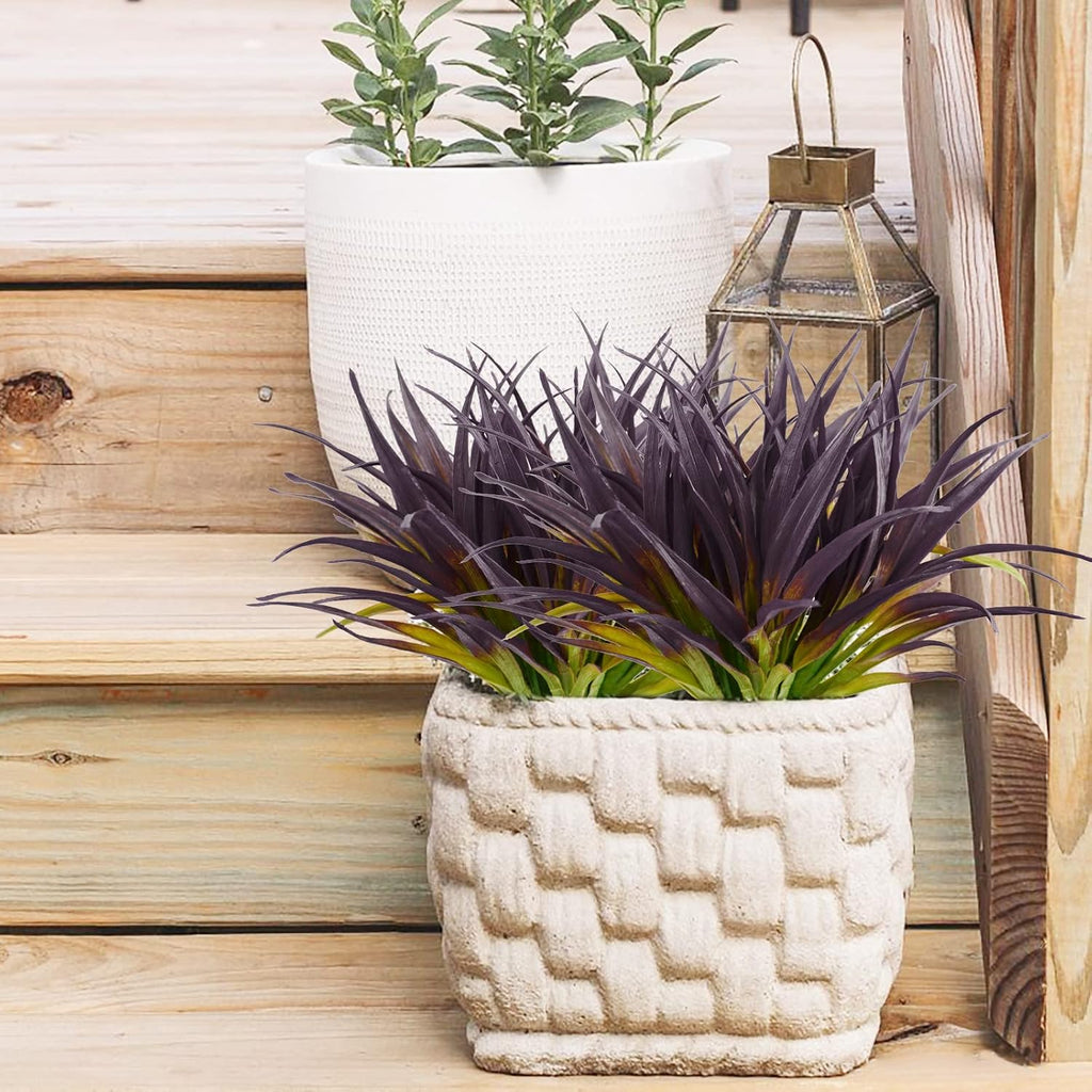 16Pcs Artificial Grass Fake Grass Plants 17.3in Outdoor Plants UV Resistant Faux Greenery Stems for Home Window Garden Patio Pathway Front Porch Halloween Décor Light Green & Purple