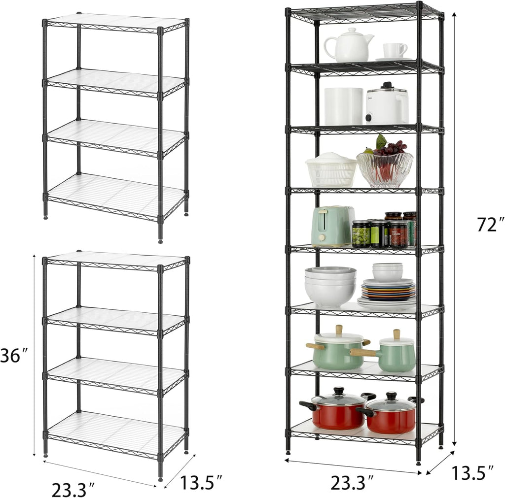 Finnhomy 8-Tier Wire Shelving Unit Adjustable Steel Wire Rack Shelving 8 Shelves Steel Storage Rack or Two 4-Tier Shelving Units with PE mat, Leveling Feet and Safety Device, NSF Certified, Black