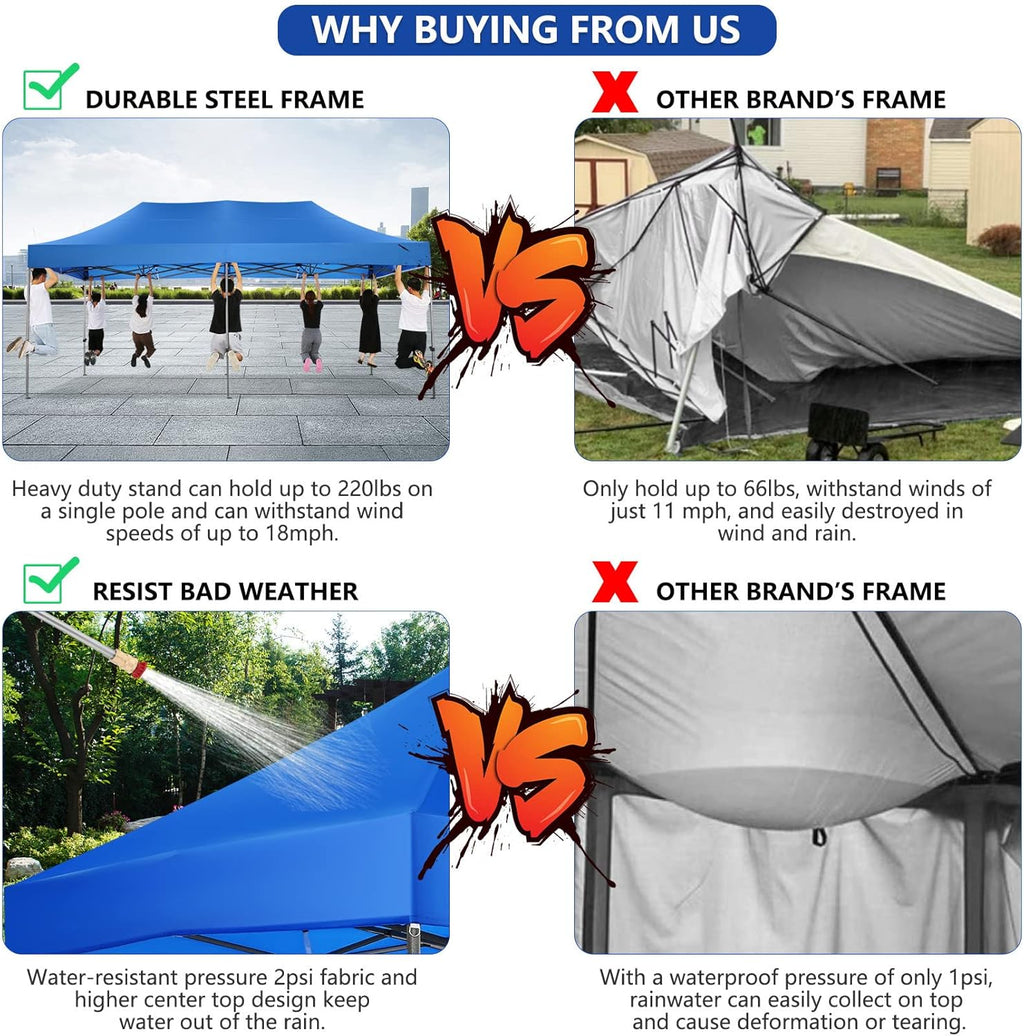 COBIZI 10x20 Pop up Canopy Tent Heavy Duty Without Sidewalls, Easy Set-up Commercial Outdoor Party Tent, 100% Waterproof Wedding Canopy Gazebo, 3 Height Adjustable with Wheeled Bag, Blue