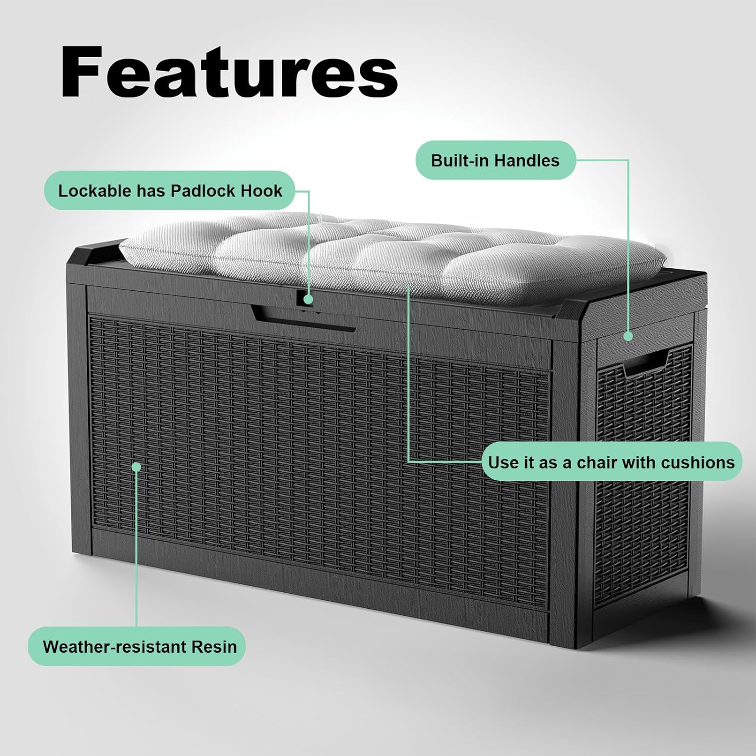 60 Gallon Resin Deck Box, Lockable Outdoor Storage Box for Patio Cushions Storage Furniture,Garden Tools, Pool Supplies, Weatherproof and UV Resistant（Black Rattan）