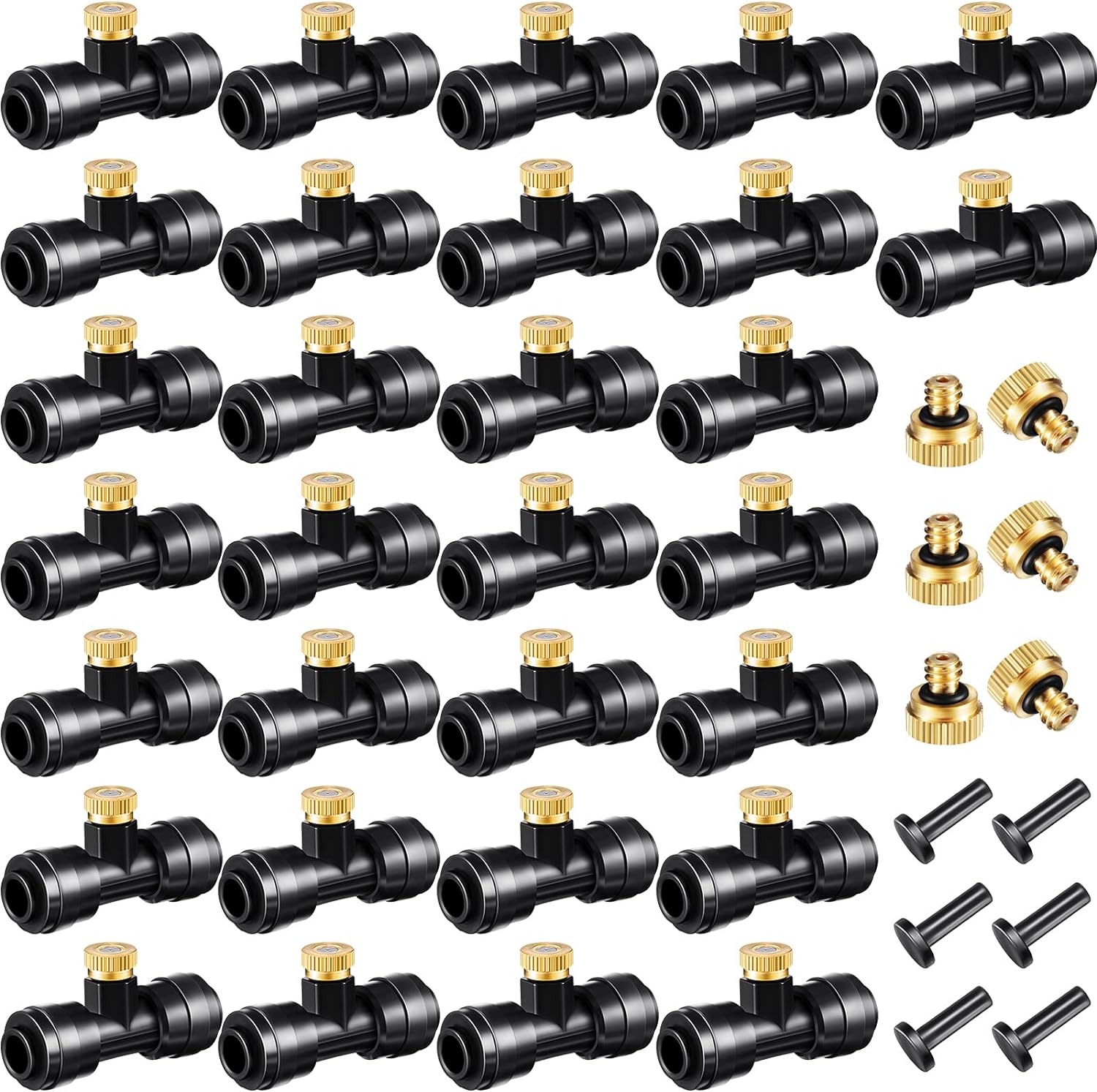Misting Nozzles Kit Include Water Misting Tees Thread 1/4 Inch and Brass Orifice Nozzle with Black Plug for Outdoor Spray Cooling System(72 Pieces)