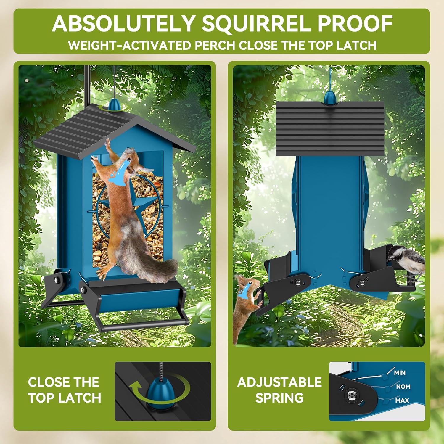 Squirrel Proof Bird Feeder for Outdoors Hanging, Metal Wild Bird Seed Feeder with Bilateral Weight-Activated Perches, 5LB Large Capacity Wild Bird Feeders for Outside Finch, Cardinal, Blue Jay