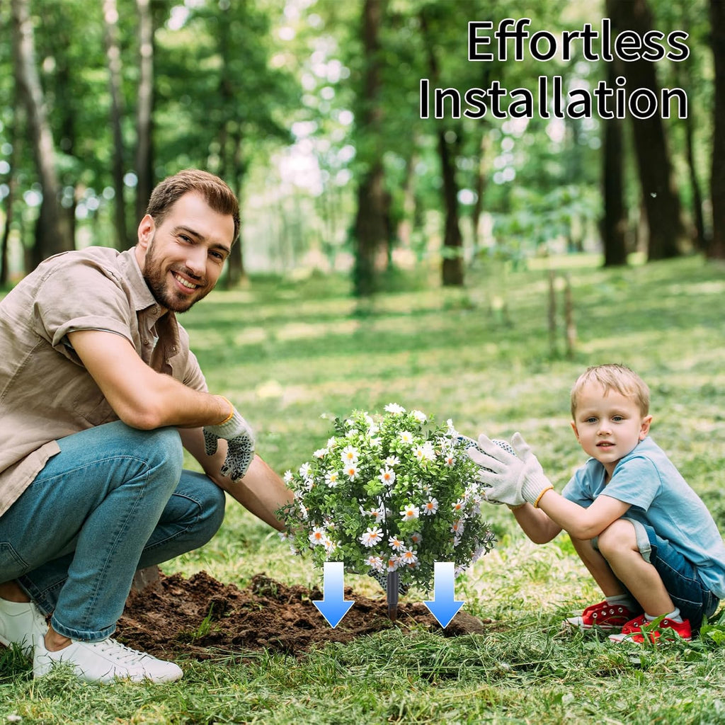 23.6" Artificial Boxwood Topiary Ball Trees with White Flowers, Set of 2 UV Resistant No Fade Outdoor Faux Plants with Ground Spike, Fake Shrubs for Garden, Patio, Porch, Yard, Indoor Decor