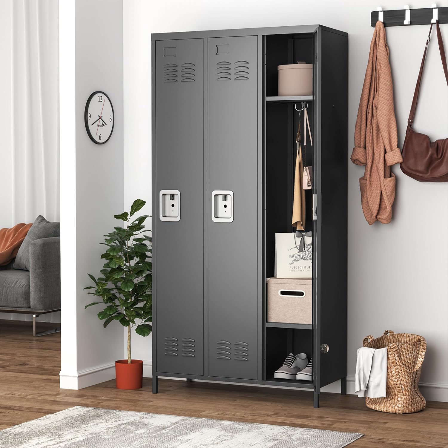 Metal Lockers for Employees, Storage Employee Locker, 72" Storage Lockers with Shelves Steel Cabinet for Home (Black, 3 door-72'')