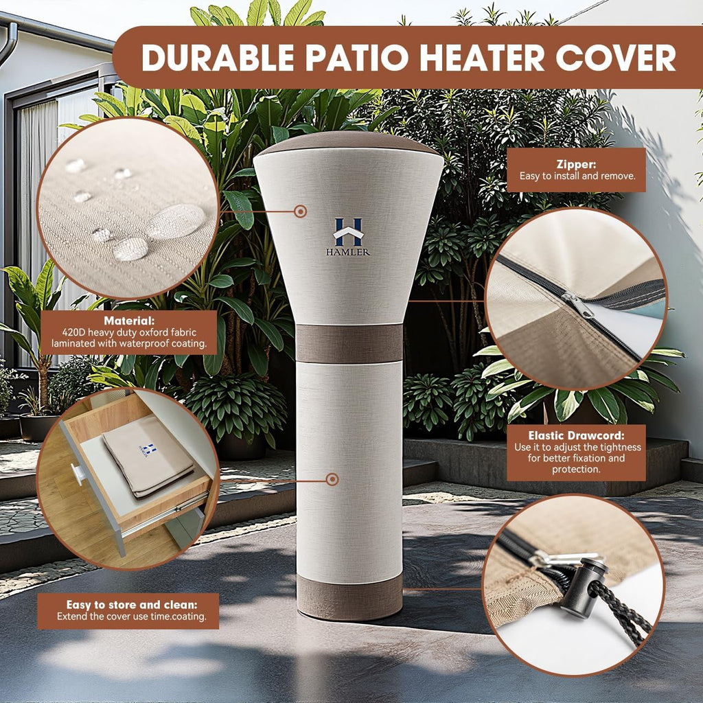 HAMLER Patio Heater Covers, Outdoor Heater Covers Waterproof with Zipper, Outdoor Patio Heater Cover Fits up to 95"H x 34"W x 19"W, Heavy Duty Heater Covers for Standing Heater, Brown & Beige
