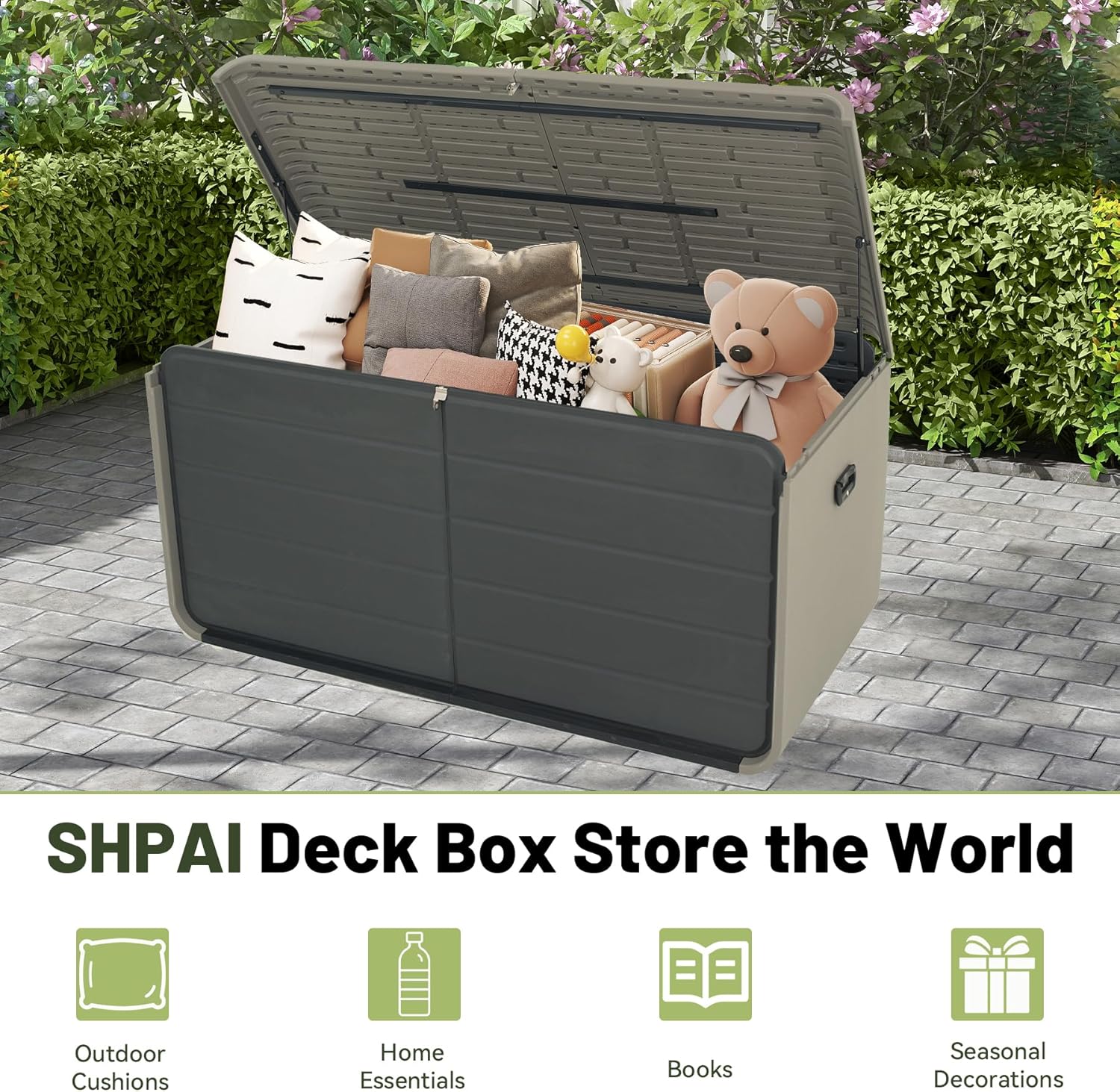 Resin Deck Box 160 Gallons, Large Heavy-Duty Outdoor Storage Box, Lockable & Waterproof Patio Outside Storage Box for Patio Furniture, Tools, Pool Supplies