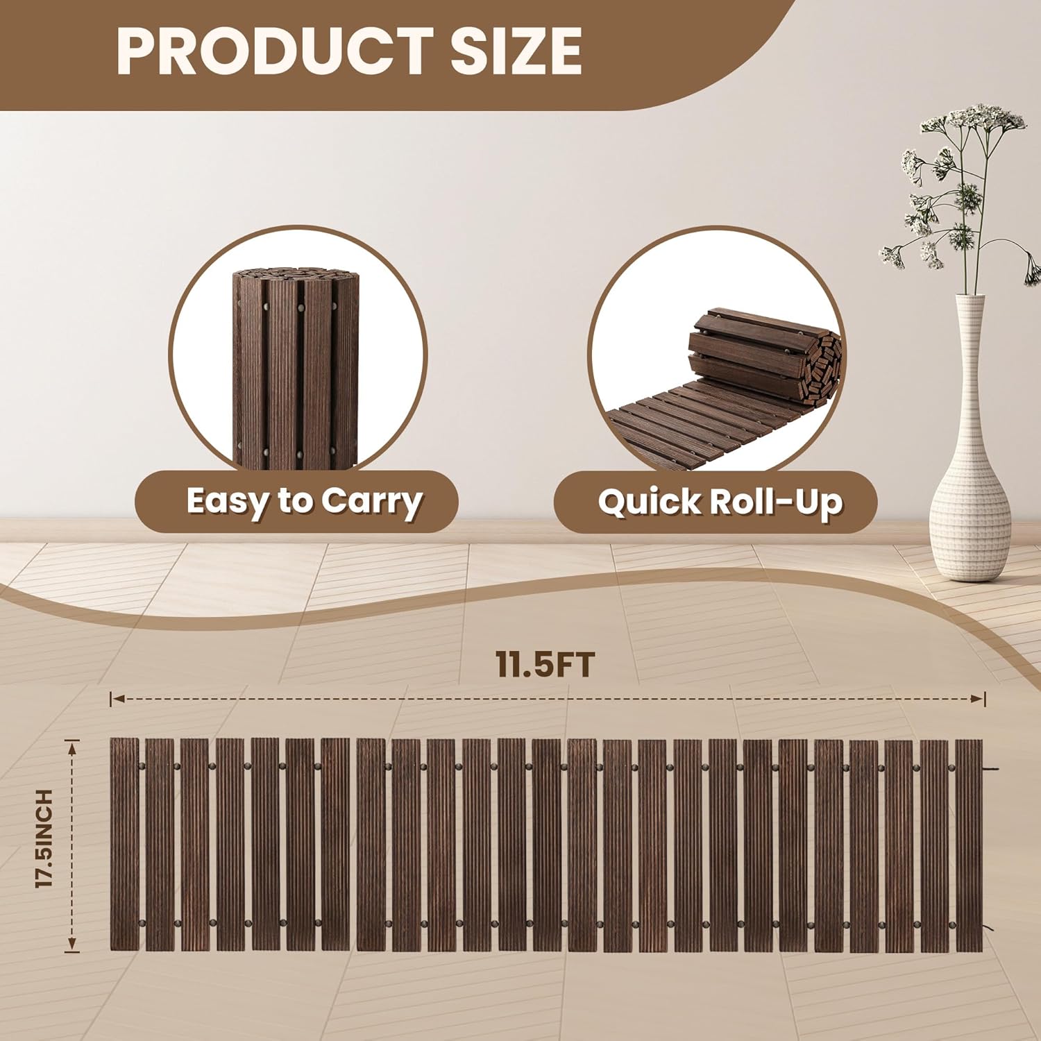 11.5FT Wooden Garden Pathway, Roll Out Walkway for Patio, Backyard and Outdoor Decor, Weatherproof, Non Slip and Easy to Install, Perfect for Beach, Wedding or Lawn (Brown)