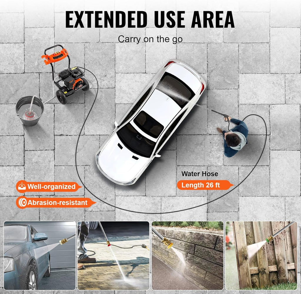VEVOR Gas Pressure Washer, 3500 PSI 2.6 GPM, Gas Powered Pressure Washer with Aluminum Pump, Spray Gun and Extension Wand, 5 Nozzle Set, for Cars, Fences, Homes, Driveways, Patios Furniture Horizontal
