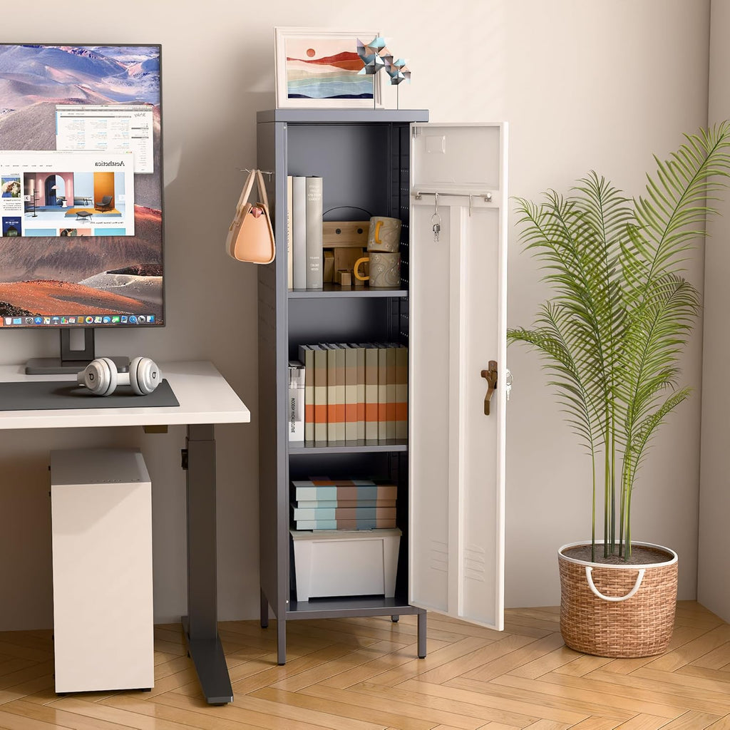 METAN Metal Storage Lockers with Handle Lock and 2 Adjustable Shelves,Office Storage Locker with Pegboards and Hooks,Assembly Required,Grey White