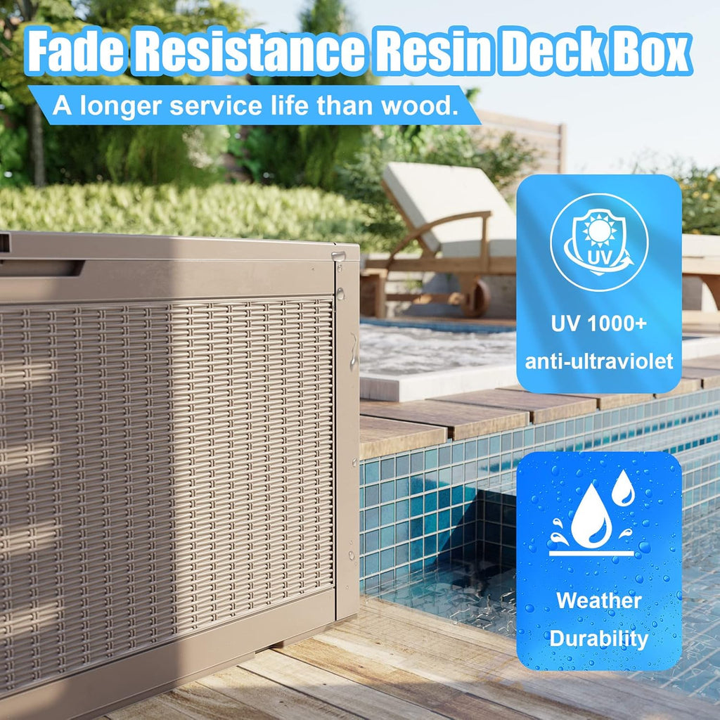 DRATO 260 Gallon Deck Box, Outdoor Large Waterproof Resin Storage Box with Lockable Lid for Patio Cushions, Gardening Tools, Sports Equipment, Light Brown