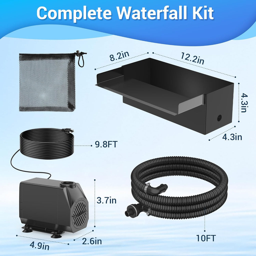 NFESOLAR Pond Waterfall Spillway Kit for Outdoor Pond up to 2000 Gallons, Includes 12.2" W Stainless Steel Pond Waterfall Box, 660GPH Ultra-Quiet Water Pump, 10FT Corrugated Tubing N4311