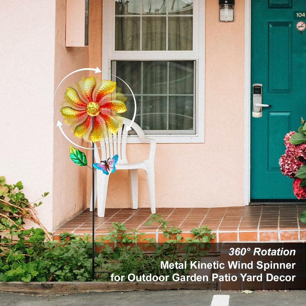 Metal Outdoor Flower Wind Spinner with Yellow Floral & Blue Butterfly, Decorative Kinetic Wind Sculpture for Yard, Garden, Patio, Lawn - Vibrant Garden Art & Lawn Ornament for Outdoor Decor