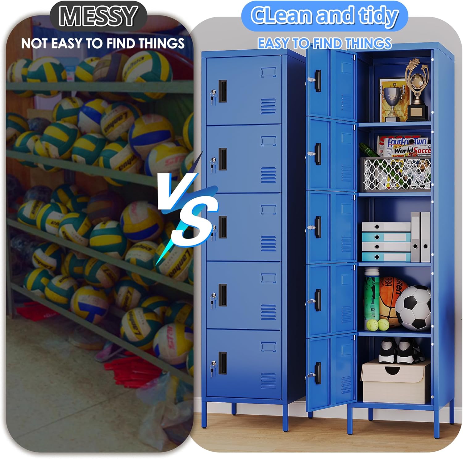 METAN Metal Storage Employees Locker with 5 Lockable Doors,Locking Storage Cabinets for Small Spaces,Home,School,Gym,Assembly Required,Blue