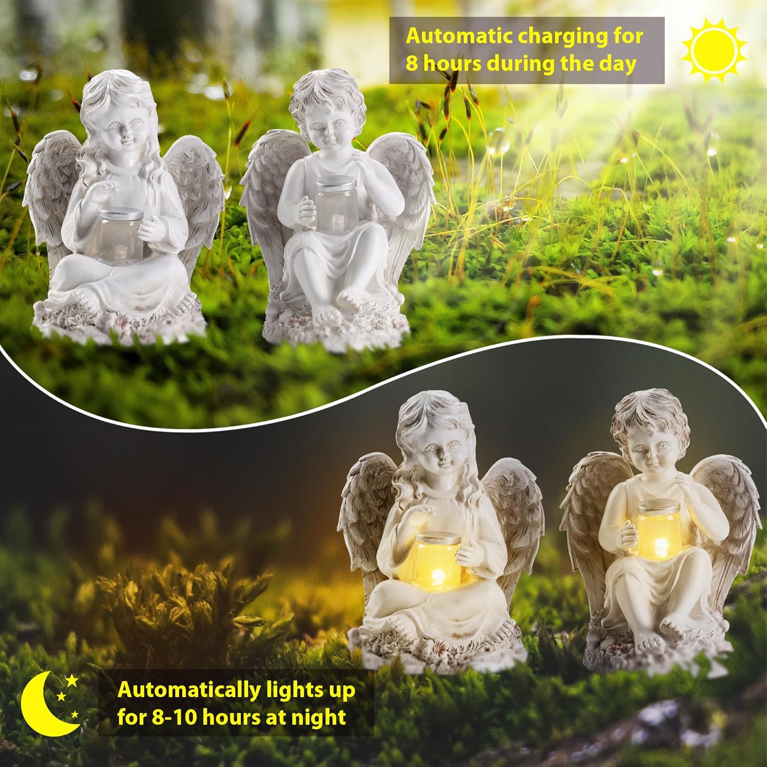 2 Pack Outdoor Angel Statue Garden Decor, Classic Solar Angel Figurine Decoration for Yard Art Indoor Porch Home Lawn Outside Light up Cherub Sculpture Guardian Wings Memorial Gifts
