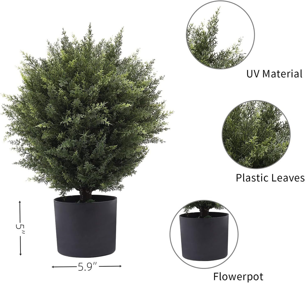 21” Artificial Cedar Outdoor Artificial Shrub Sunlight Resistant Leafy Potted Plant for Indoor Porch of Home and Office Artificial Outdoor Tree 2 Pieces a Set Topiary Trees