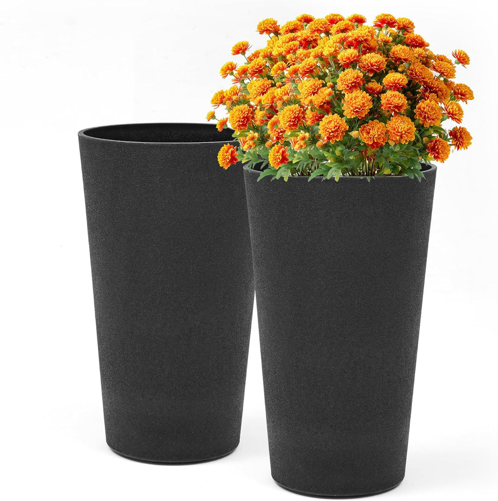 24" Planters for Outdoor/Indoor Plants, Set of 2 Tall Plant Pots, Heavy-Duty Resin Large Vase for Faux Mums Flower, Ideal for Garden, Patio, Yard, Porch or Home Decor, PU Leather-Look Finish