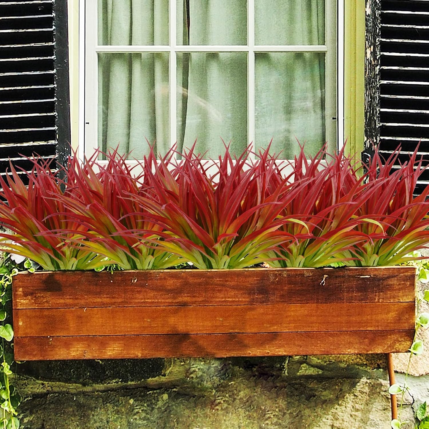 32Pcs Artificial Grass Fake Plants 17.3in Outdoor Plants UV Resistant Greenery Stems Fake Grass for Home Window Garden Office Patio Pathway Front Porch Décor Light Green & Red