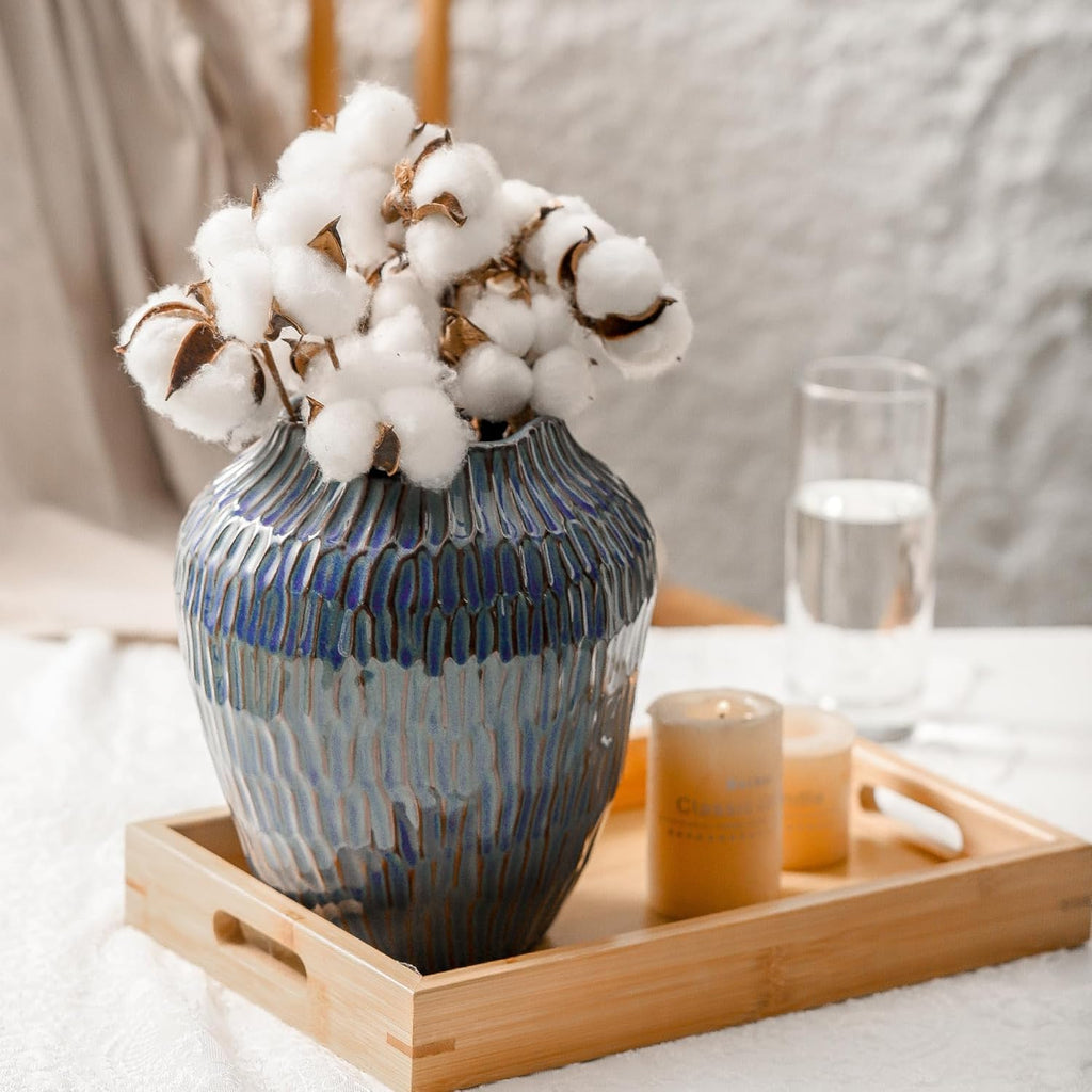 Blue Ceramic Vase for Home Decor,7.8 Inch Flower Vases，Decorative Vase for Pampas Grass，Modern Art Texture Vases for Home Entryway Living Room Dining Table Farmhouse Office Decor- Blue