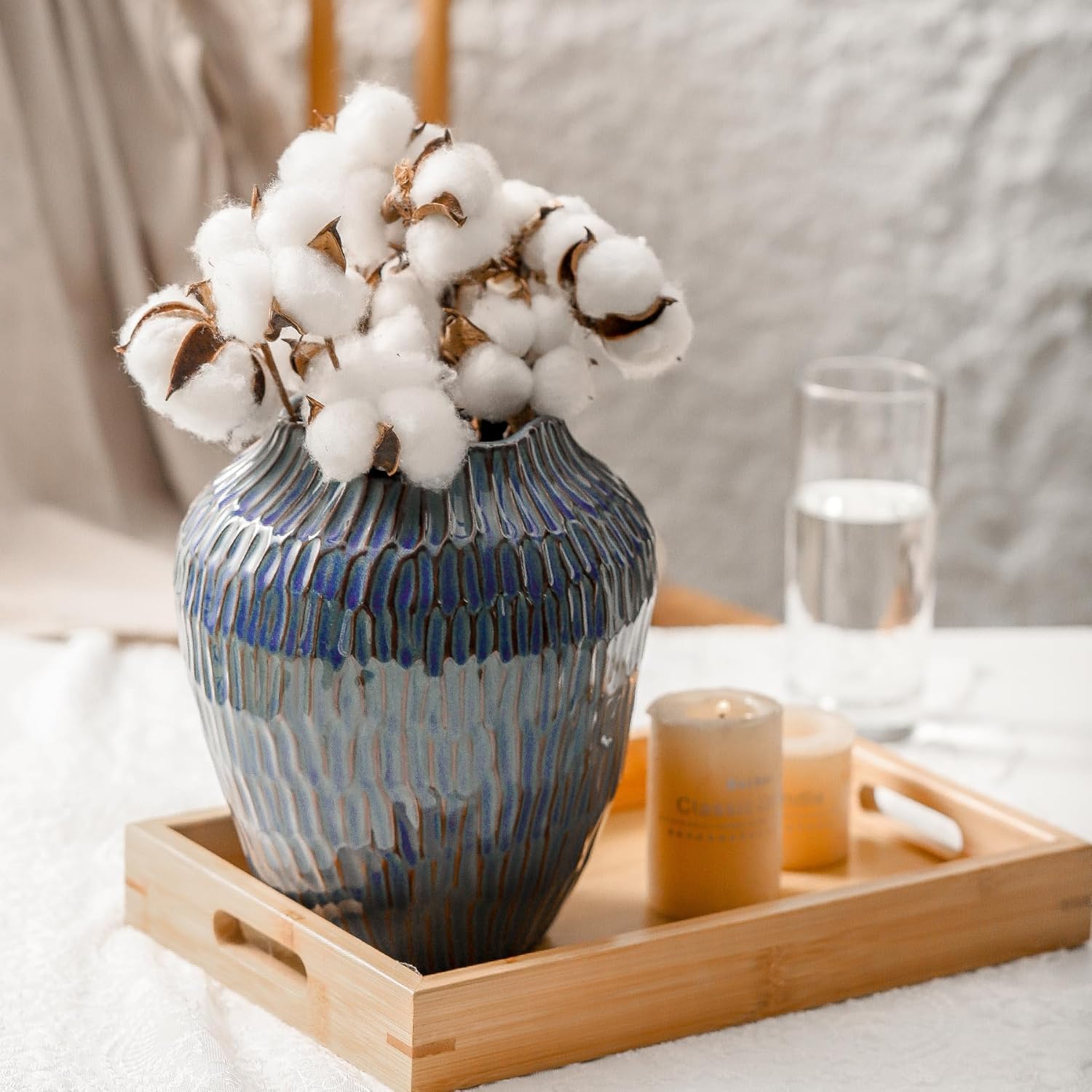 Blue Ceramic Vase for Home Decor,7.8 Inch Flower Vases，Decorative Vase for Pampas Grass，Modern Art Texture Vases for Home Entryway Living Room Dining Table Farmhouse Office Decor- Blue