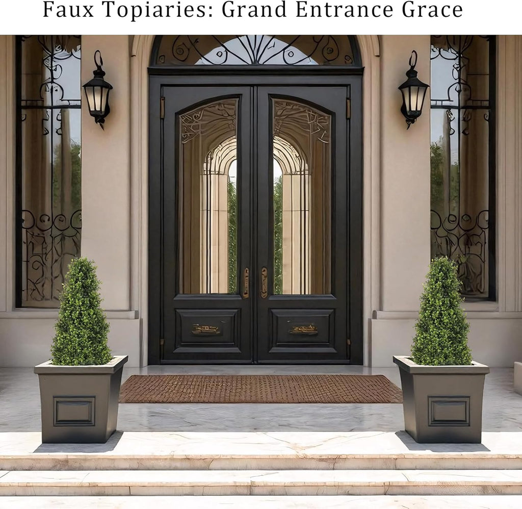 3ft Artificial Boxwood Topiary Trees (Set of 2) - UV Resistant Faux Plants Outdoor, Realistic 36" Fake Cone Bushes and Shrubs for Front Porch, Planter, Patio - Low Maintenance & Evergreen