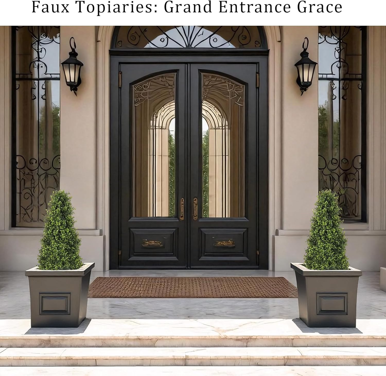 3ft Artificial Boxwood Topiary Trees (Set of 2) - UV Resistant Faux Plants Outdoor, Realistic 36" Fake Cone Bushes and Shrubs for Front Porch, Planter, Patio - Low Maintenance & Evergreen