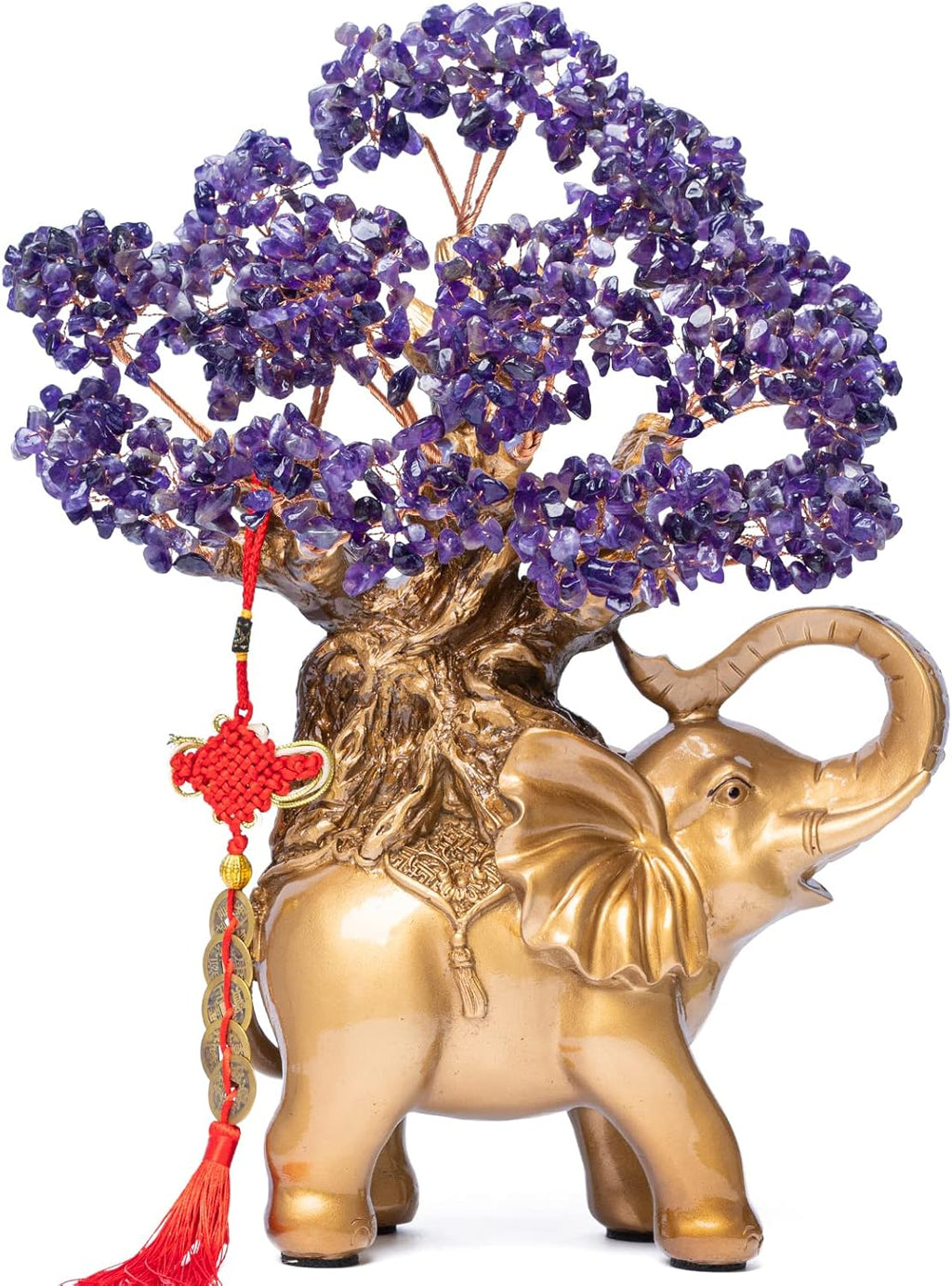 Amethyst Crystal Money Tree on Gold Elephant Statue, 17”Large Gemstone Bonsai Tree of Life Home Décor Gifts for Wealth Positive Energy, Feng Shui Décor