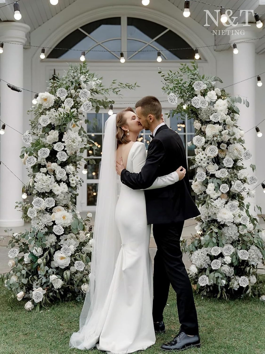 N&T NIETING Artificial Flowers, 25pcs Fake Flowers Roses with Stem for DIY Wedding Bouquets Centerpieces Bridal Shower Party Home Decoration, Silver White