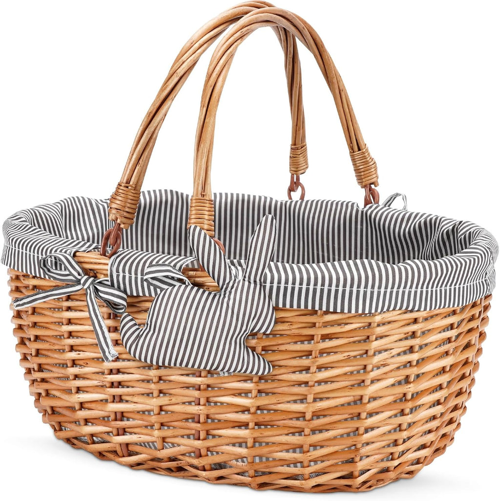 G GOOD GAIN Oval Picnic Basket with Folding Handles, Willow Hand Woven Shopping Basket, Bath Toy Kids Toy Storage Gift Packing Basket, Wicker Empty Easter Eggs and Candy Small Gift Basket. Grey