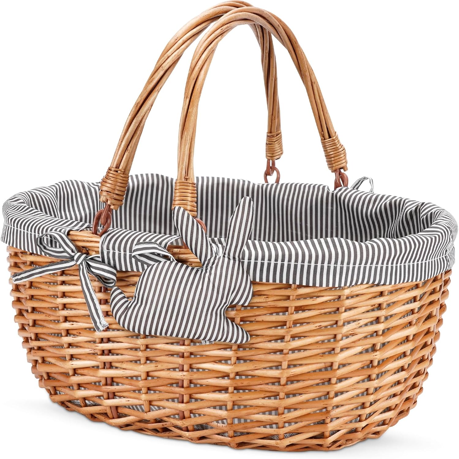 G GOOD GAIN Oval Picnic Basket with Folding Handles, Willow Hand Woven Shopping Basket, Bath Toy Kids Toy Storage Gift Packing Basket, Wicker Empty Easter Eggs and Candy Small Gift Basket. Grey