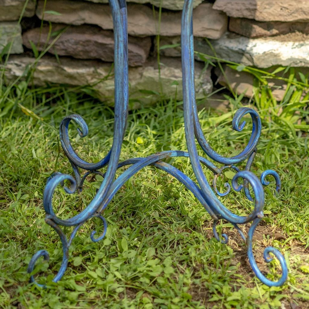 Zaer Ltd. Deep Well Made Metal Birdbath with 2 Cast Iron Birds and Leaf Decoration (Frosted Blue)