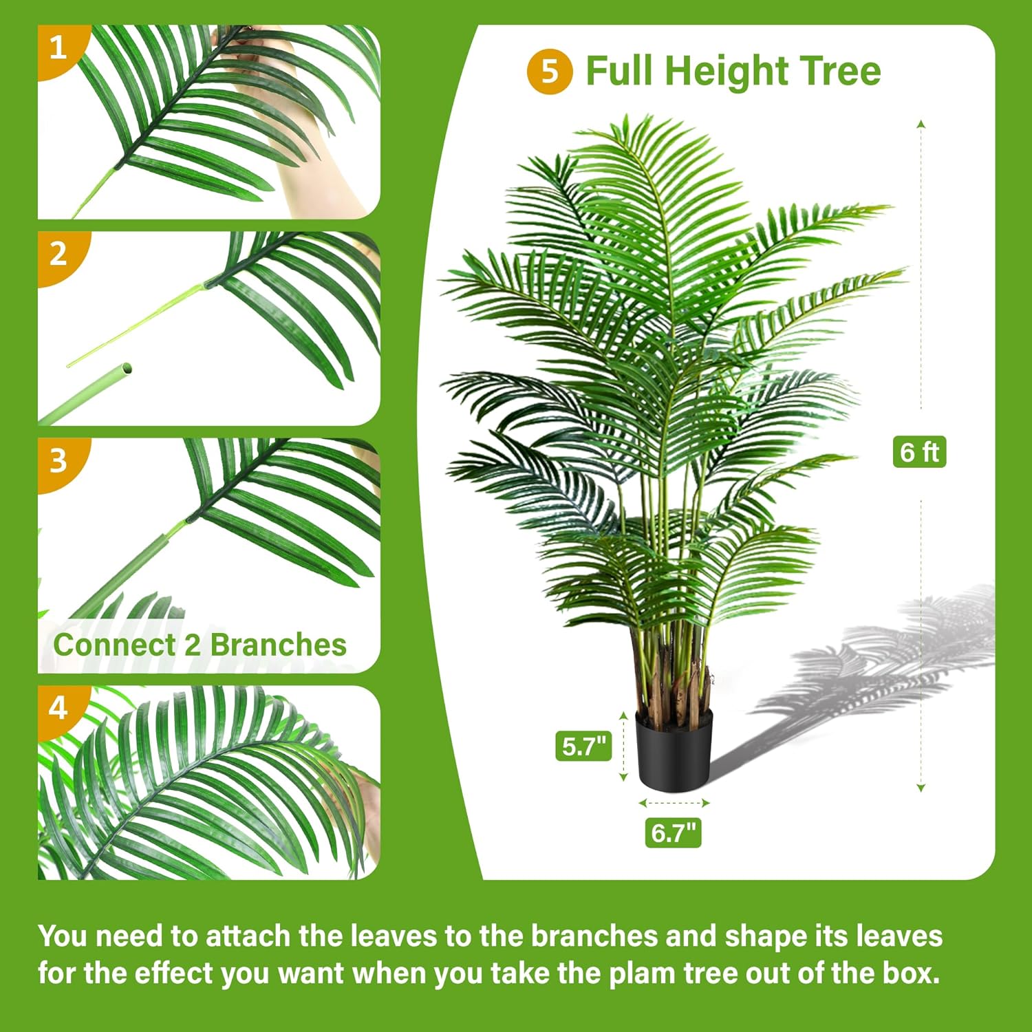 KOL 6ft 2-Pack Artificial Areca Palm Plant in Pot, Fake Tropical Cane Palm Silk Tree Indoor Outdoor, Dypsis Lutescens Plants, 70in Lifelike Faux Silk Plant Home Garden Decoration, Housewarming Gift