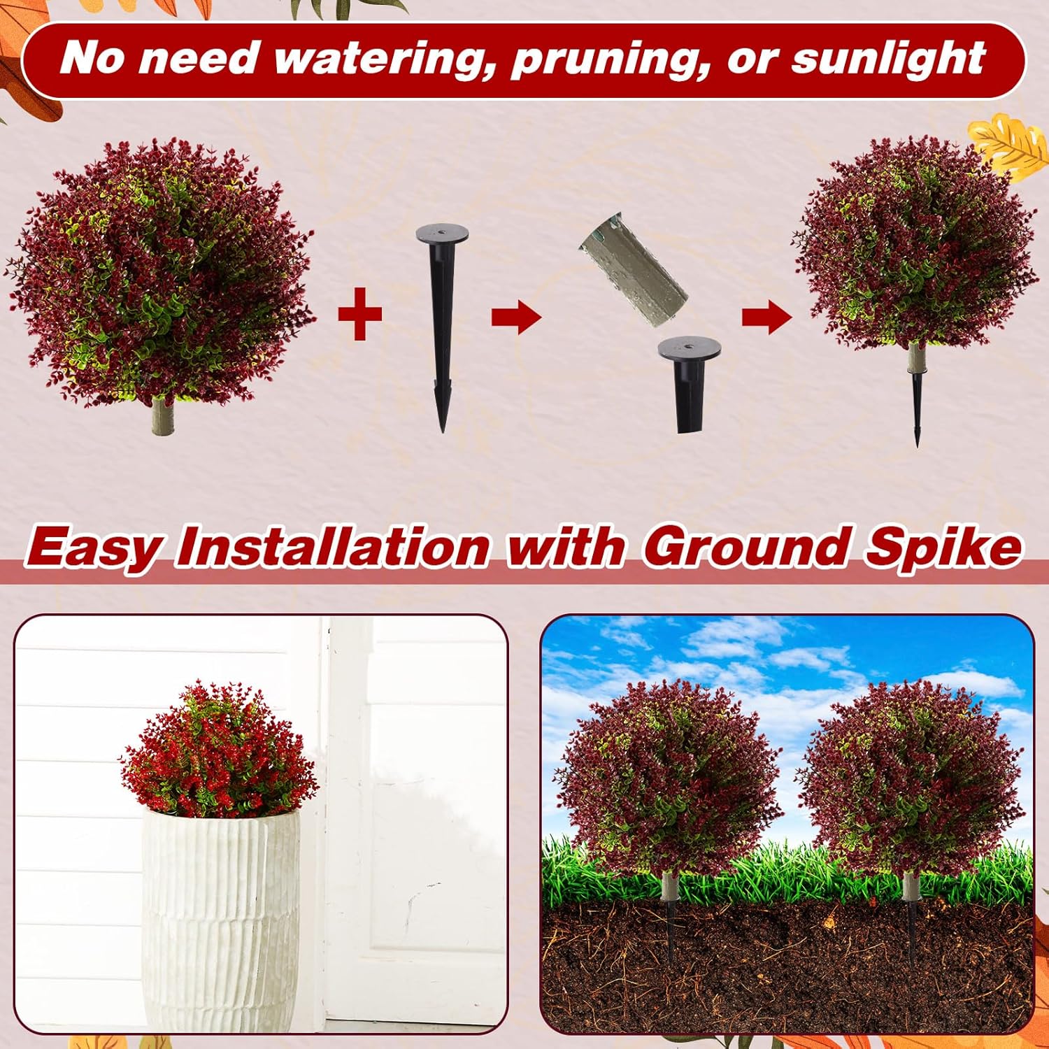 Yunlly 2 Pcs 18 Inch Artificial Boxwood Ball Topiary Tree Fake Outdoor Plants Bush, UV Resistance Faux Shrub with Spike Realistic Greenery Potted for Indoor Garden Yard Porch Patio Decor (Purple Red)