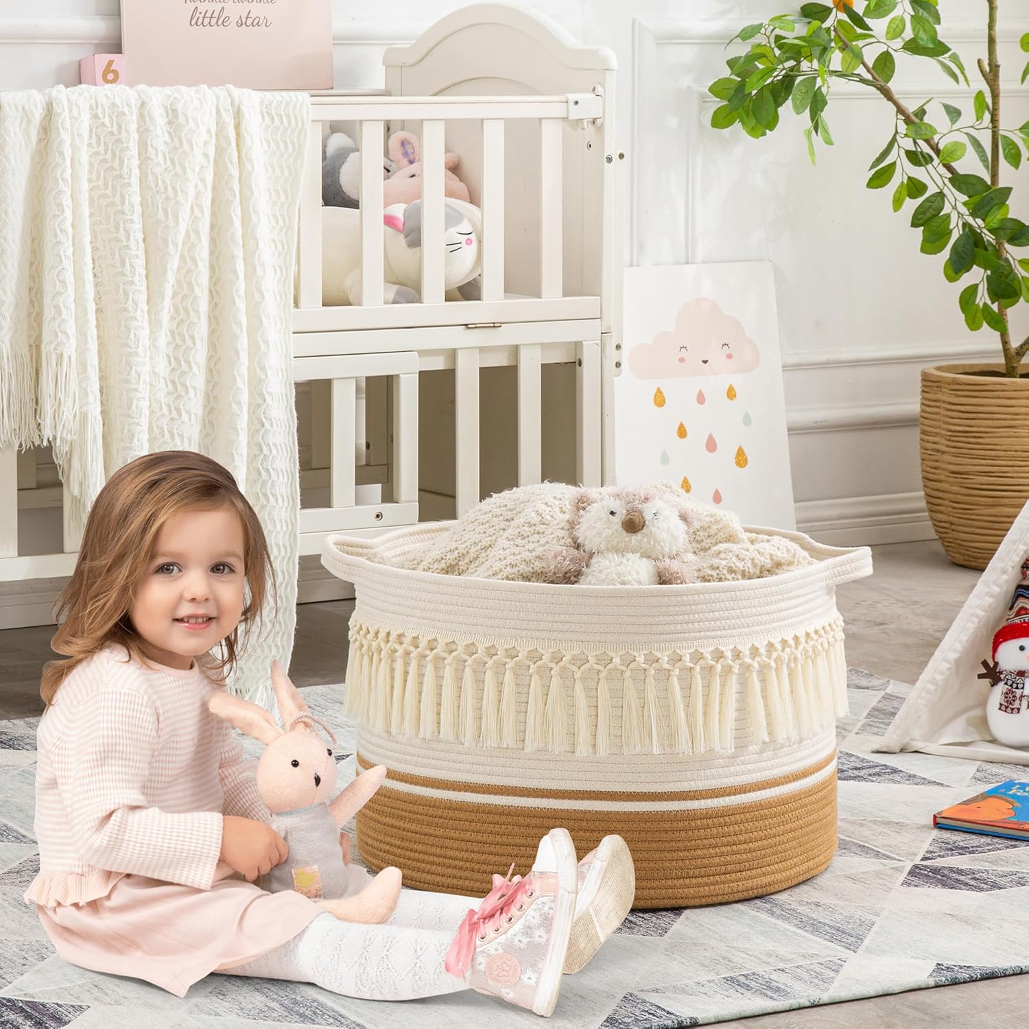 KAKAMAY Large Blanket Basket (20"x13"),Woven Baskets for storage Baby Laundry Hamper, Cotton Rope Blanket Basket for Living Room, Laundry, Nursery, Pillows, Baby Toy chest (White Fringe)