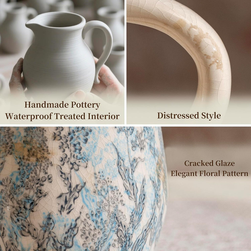 Vintage Blue and Beige Floral Ceramic Vase with Handle, Retro Ice Glazed Crack Farmhouse Pitcher Vase for Home Decor, Living Room, Shelf, Office, French Country Decorative Flower Vase 8.7 Inch