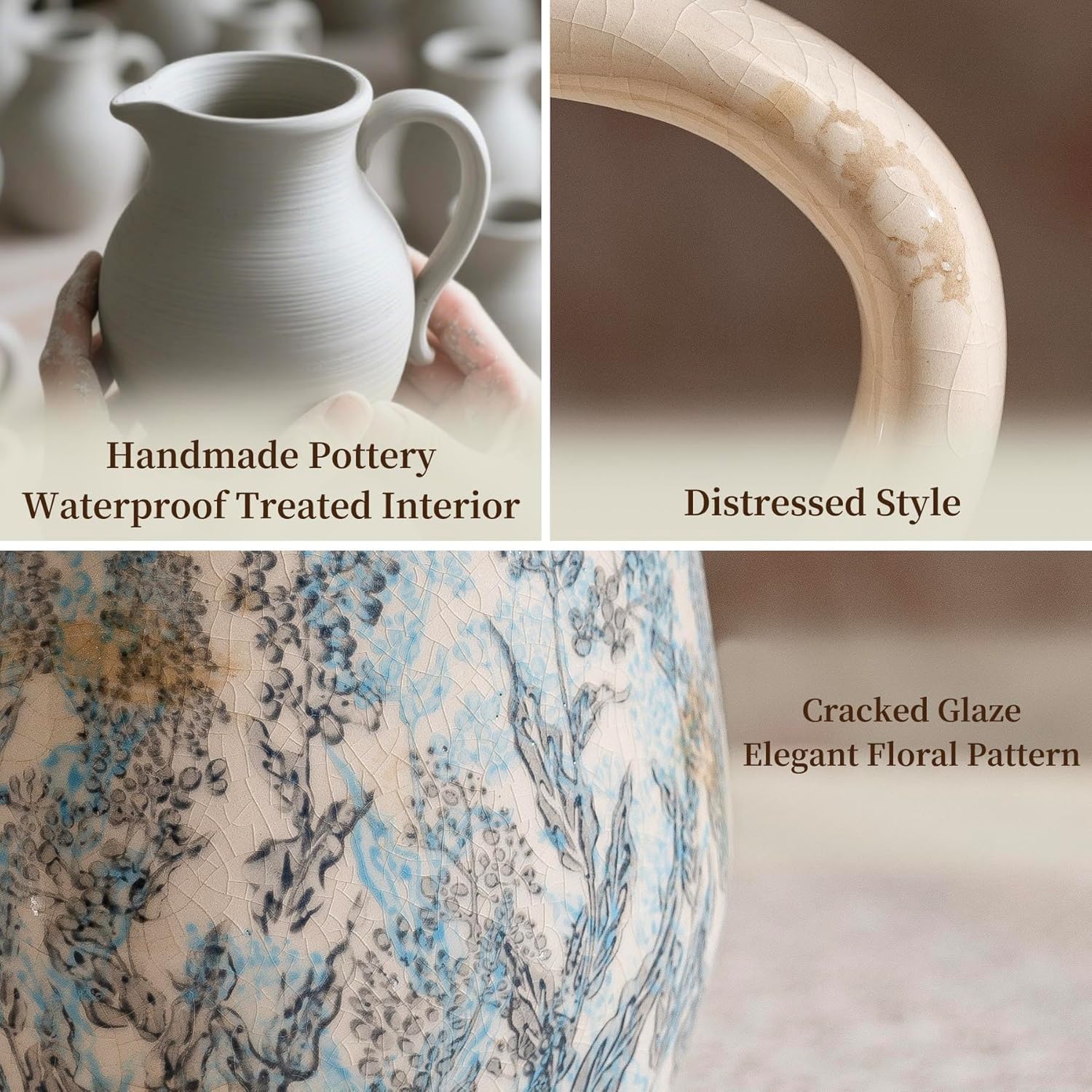 Vintage Blue and Beige Floral Ceramic Vase with Handle, Retro Ice Glazed Crack Farmhouse Pitcher Vase for Home Decor, Living Room, Shelf, Office, French Country Decorative Flower Vase 8.7 Inch