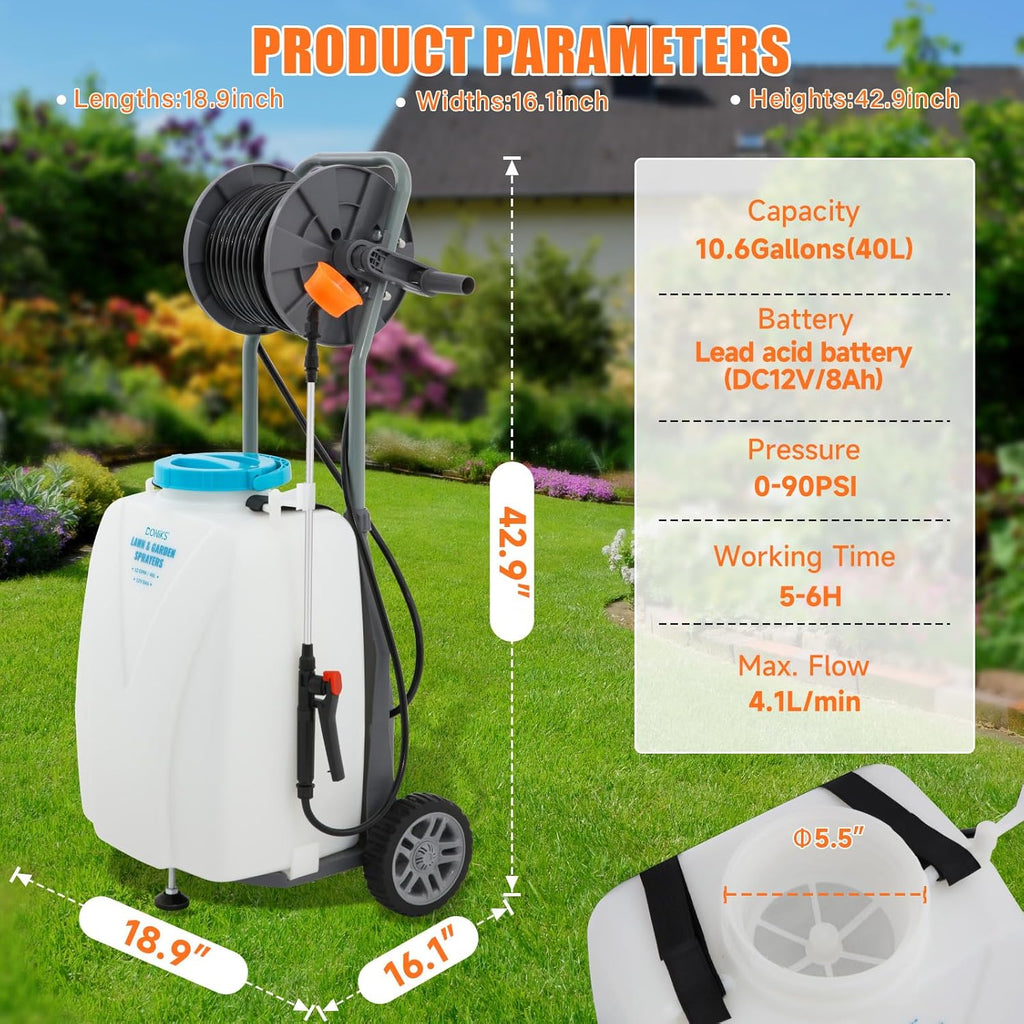 10.6 Gallon Battery Powered Sprayer with Wheeled Cart, 0-90PSI, 12V 8Ah Battery 5-6h Spray Time,98FT Hose with Reel，Adjustable HD Wand and 10 Nozzles for Weeding, Spraying, Cleaning