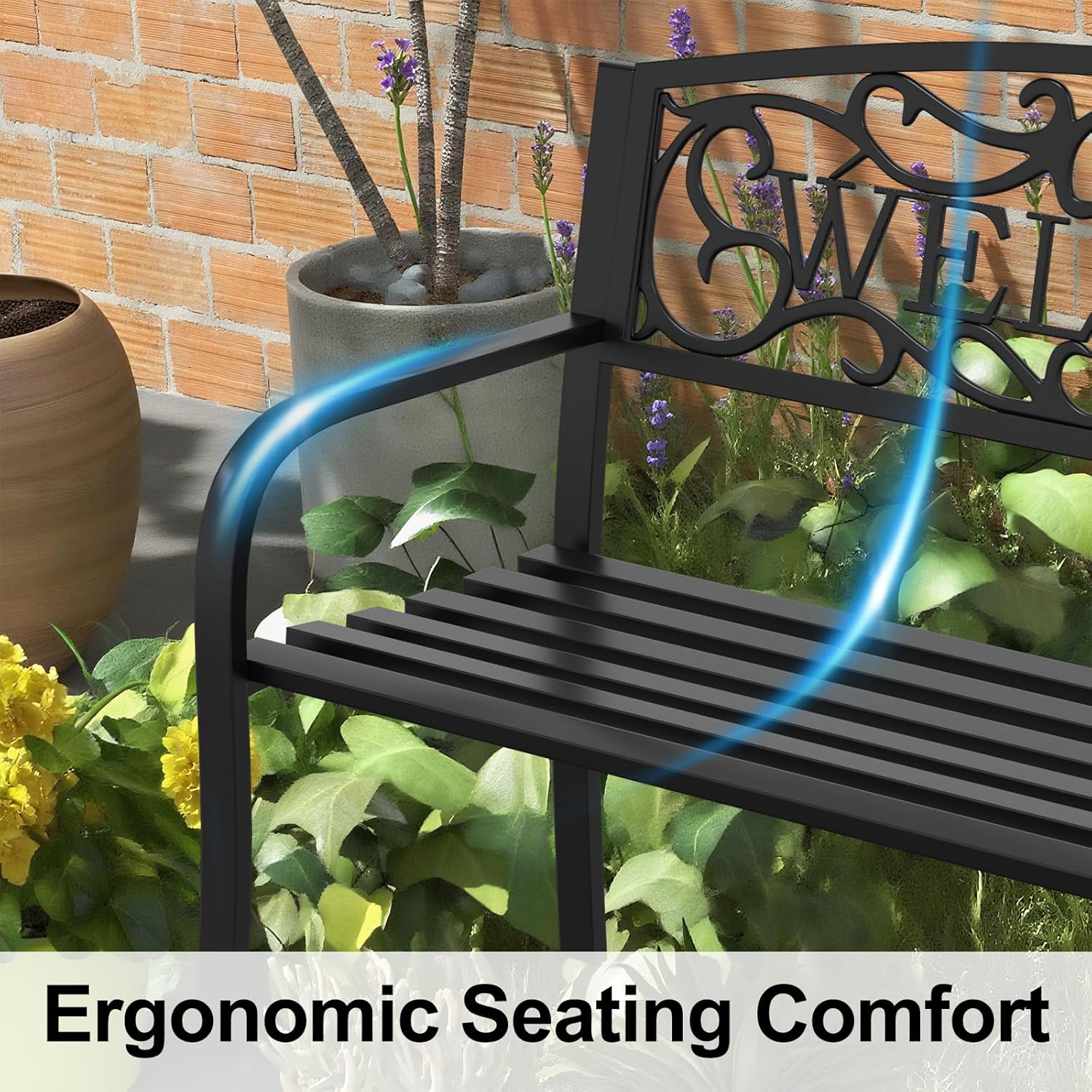 50" Heavy Duty Outdoor Bench, Wrought Iron Weatherproof Garden Bench Black Metal Patio Bench for Park Proch Yard 880lbs