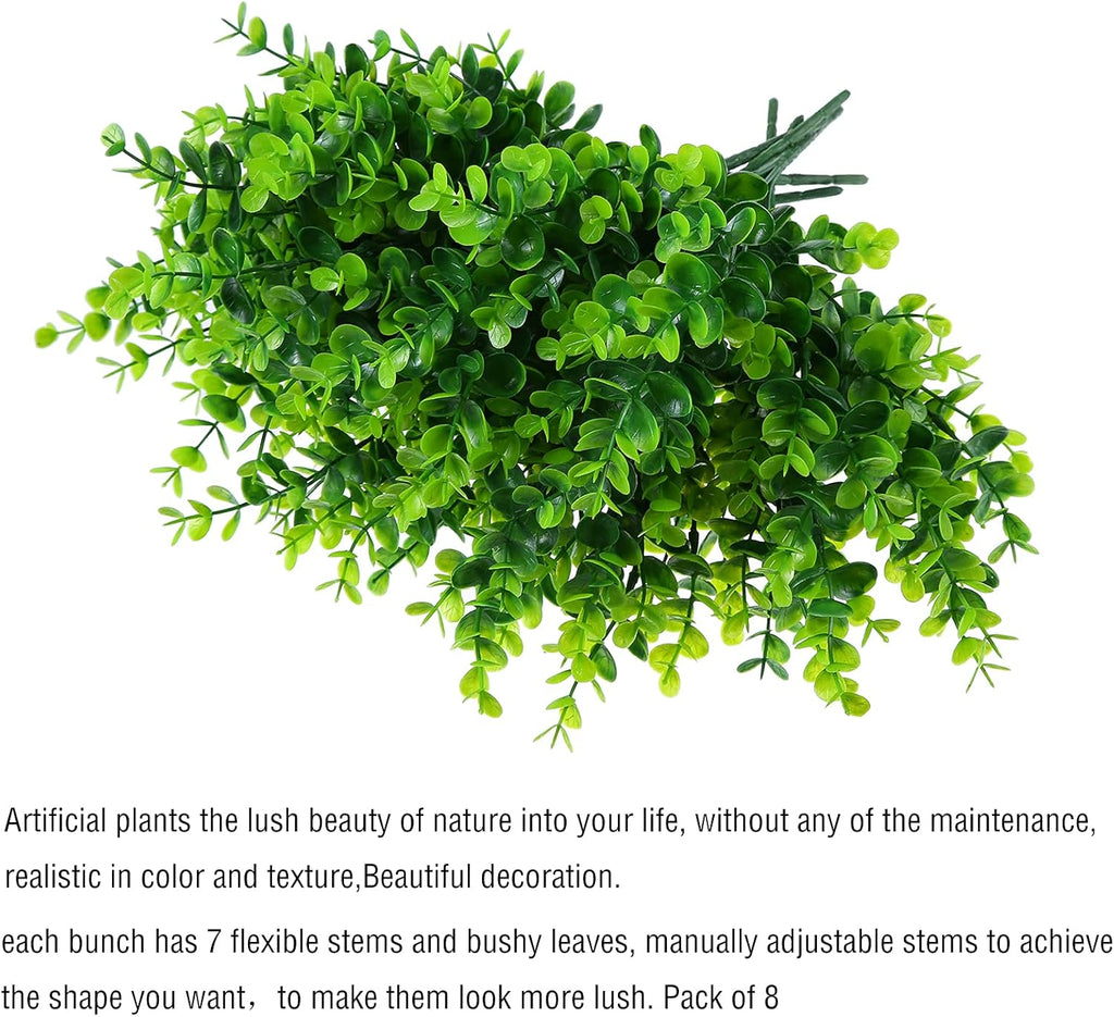 Artificial Plants Flowers Grass Shrubs 8 Pack No Fade Faux Plastic Flowers Outdoor for Farmhouse Garden Porch Patio Indoor Wedding Decoration Greenery Fake Plants uv Resistant (1#Green)
