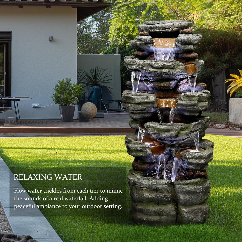 SunJet 47.2" High 6-Tiers Cascading Rock Outdoor Water Fountain with LED Lights - Large Outdoor Fountains and Waterfalls for Garden or Patio, Yard, and Deck Decor, Featuring Natural Stone Look