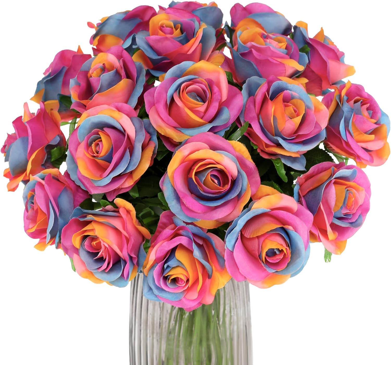 Rainbow Fake Roses Artificial Flowers - 10 Pcs Fake Artificial Roses Silk Flowers with Stems for Home Wedding Hotel Office Centerpiece Decor（Rainbow）