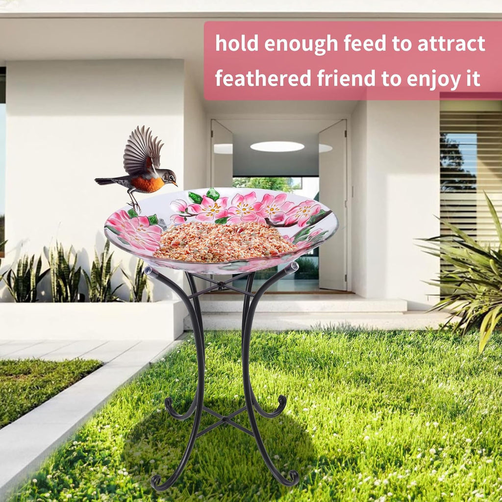 VCUTEKA Bird Baths for Outdoors, Glass Bird Bath with Metal Standing for Garden, Yards Patio Décor, Bird Lovers Gift, Cardinal Glass Birdbath Detachable (22" H * 18" W)