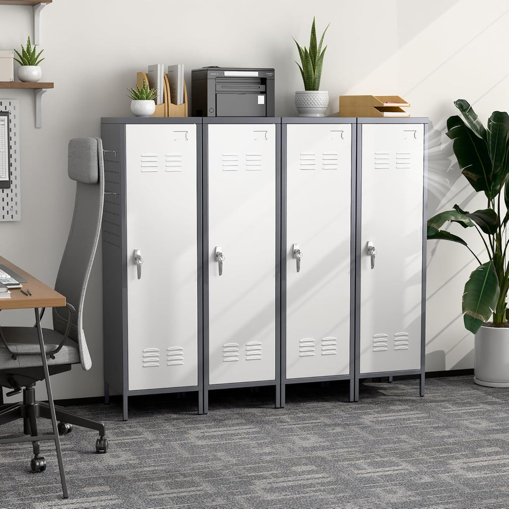 METAN Metal Storage Lockers with Handle Lock and 2 Adjustable Shelves,Office Storage Locker with Pegboards and Hooks,Assembly Required,Grey White