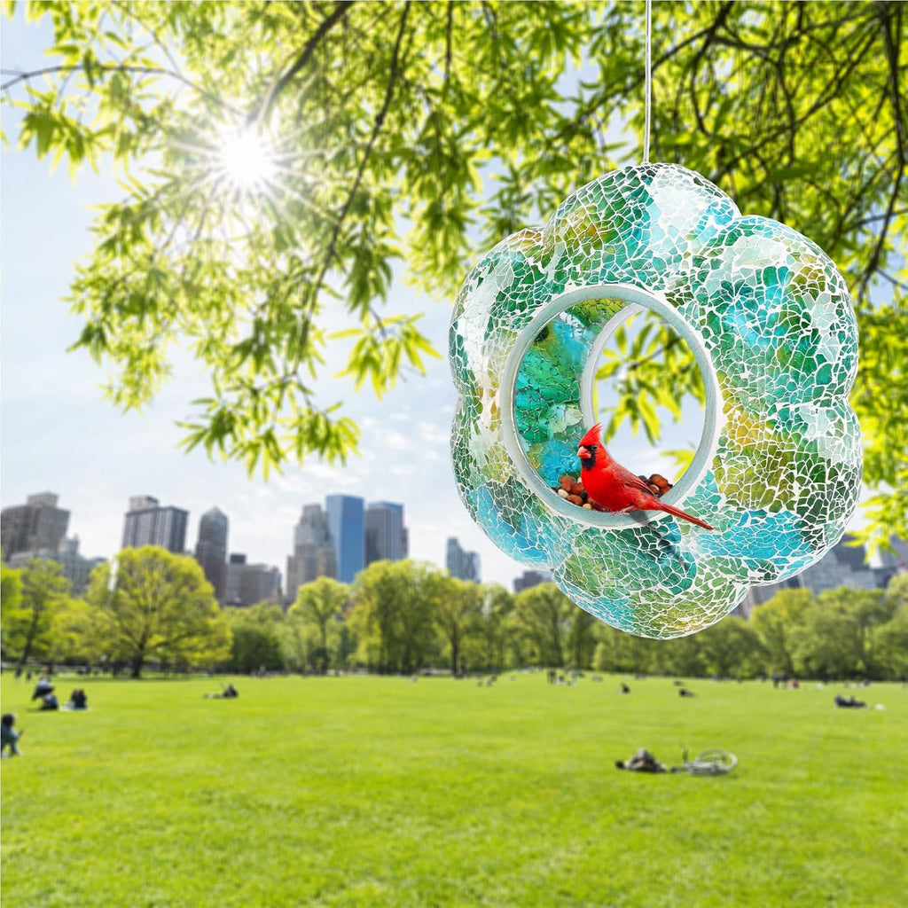 Yinns 9 Inch Large Mosaic Bird Feeders for Outside Hanging Fly Through Bird Feeder with Flower Shape Glass Birdfeeder for Garden Decor