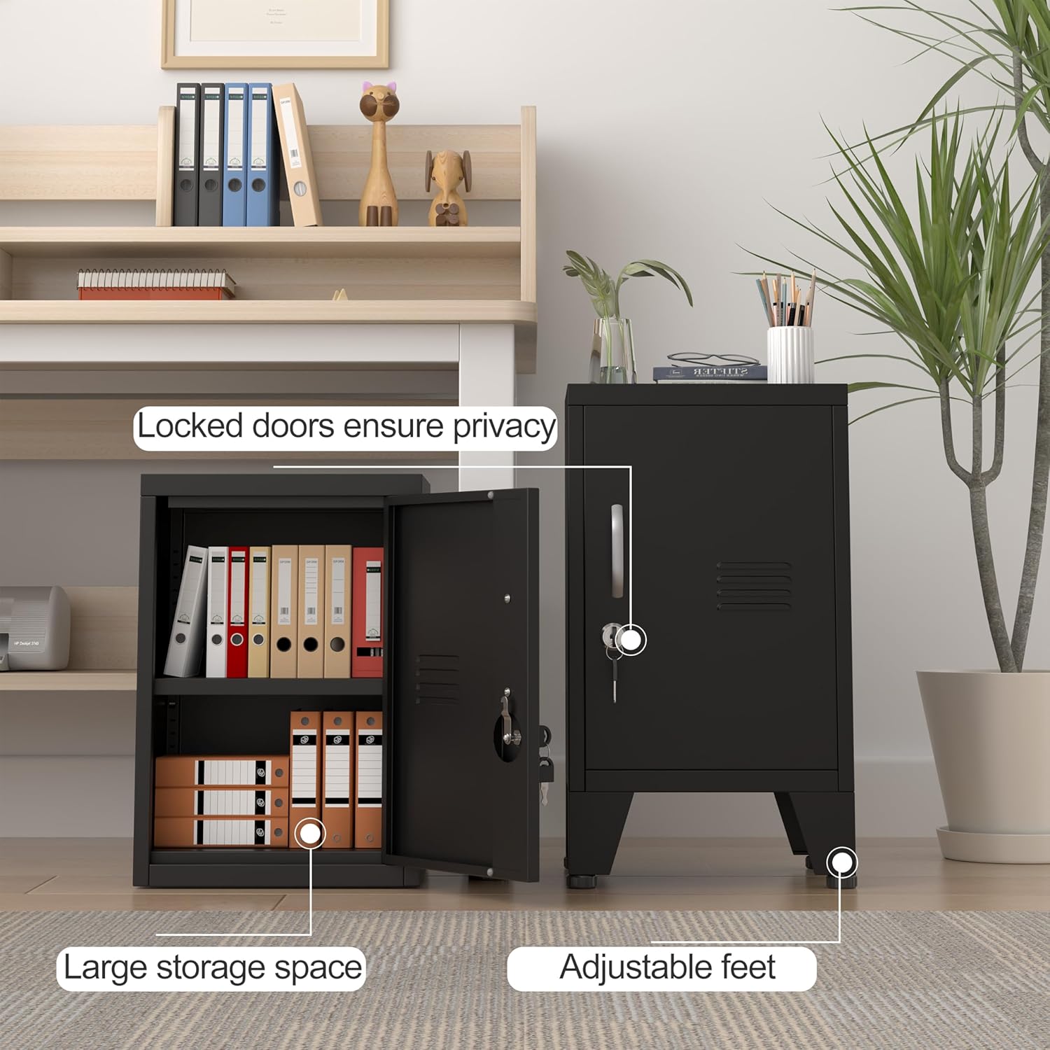 24.4" H Black Metal NightStand Locker Storage Cabinet with 1 Doors, File Cabinet with Shelves, Storage Cabinet with Adjustable Leveling Foot for Home Office Living Room or Bed Room